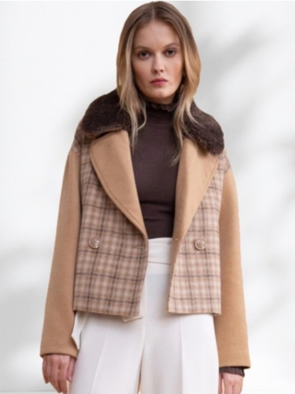 NWOT | Rachel Parcell Tan Plaid Jacket with Fur Collar | SZ L